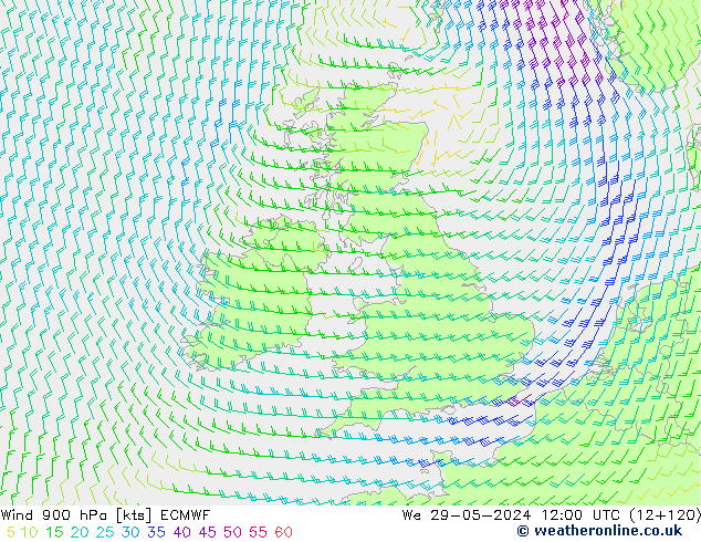 Vento 900 hPa ECMWF mer 29.05.2024 12 UTC