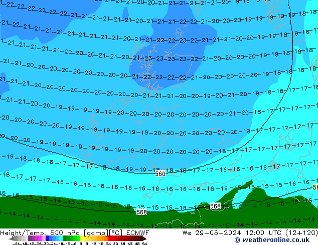 Hoogte/Temp. 500 hPa ECMWF wo 29.05.2024 12 UTC