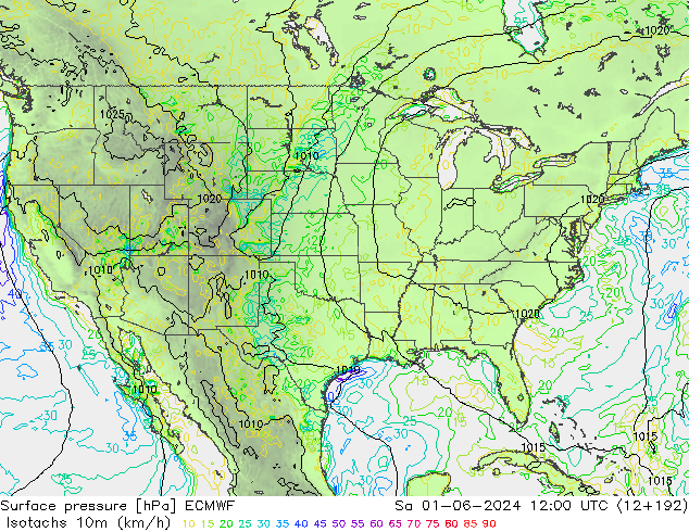 Isotachen (km/h) ECMWF za 01.06.2024 12 UTC