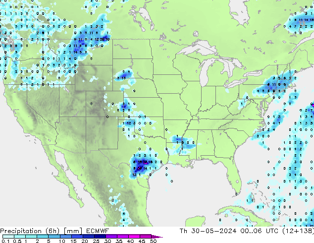 Precipitation (6h) ECMWF Th 30.05.2024 06 UTC