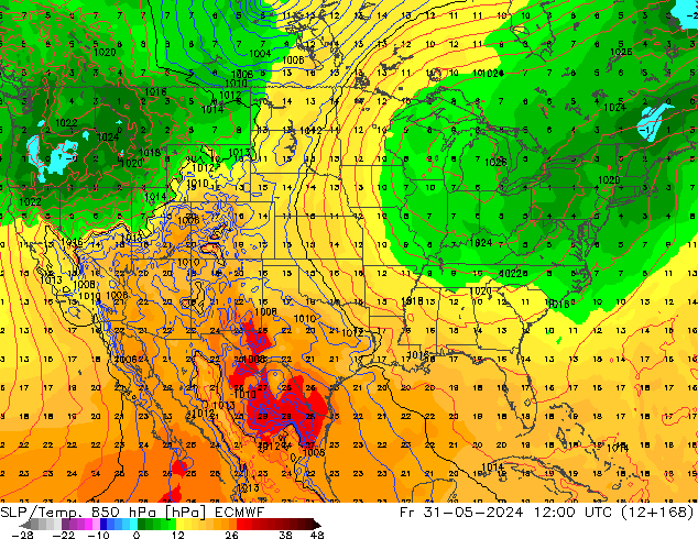 SLP/Temp. 850 hPa ECMWF Pá 31.05.2024 12 UTC