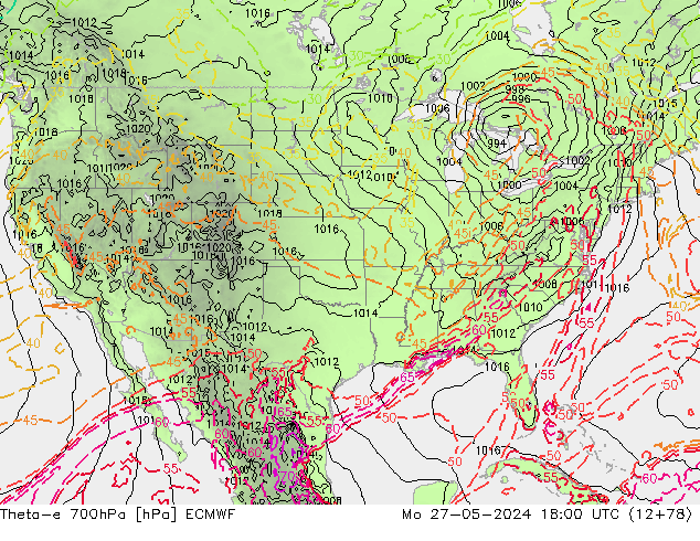 Theta-e 700hPa ECMWF Po 27.05.2024 18 UTC