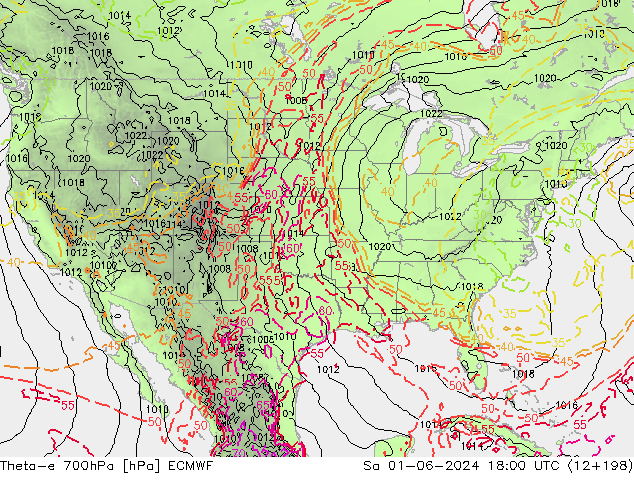 Theta-e 700hPa ECMWF za 01.06.2024 18 UTC