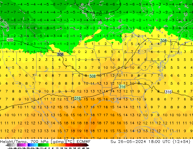 Hoogte/Temp. 700 hPa ECMWF zo 26.05.2024 18 UTC