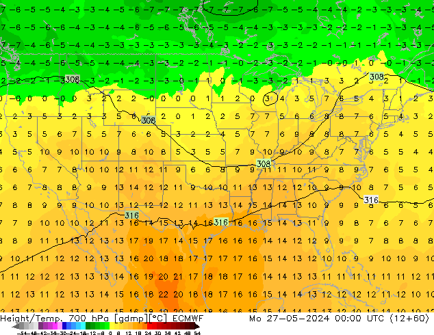 Height/Temp. 700 hPa ECMWF Mo 27.05.2024 00 UTC