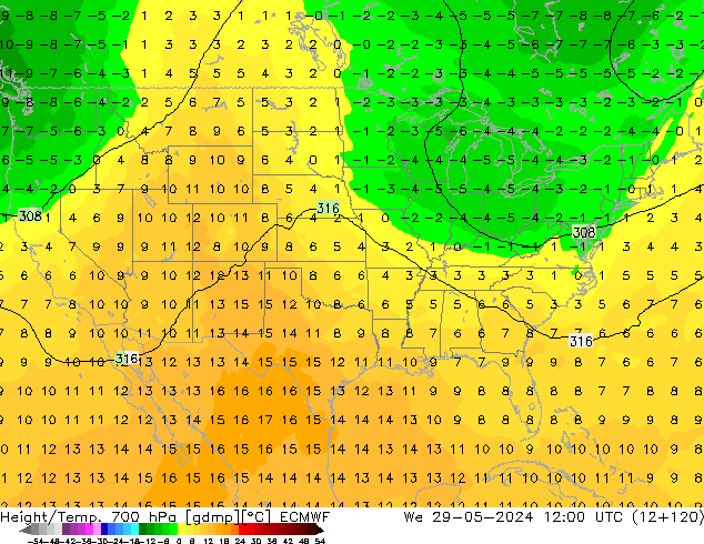 Height/Temp. 700 гПа ECMWF ср 29.05.2024 12 UTC