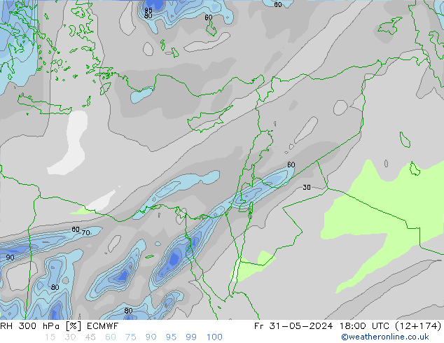Humidité rel. 300 hPa ECMWF ven 31.05.2024 18 UTC