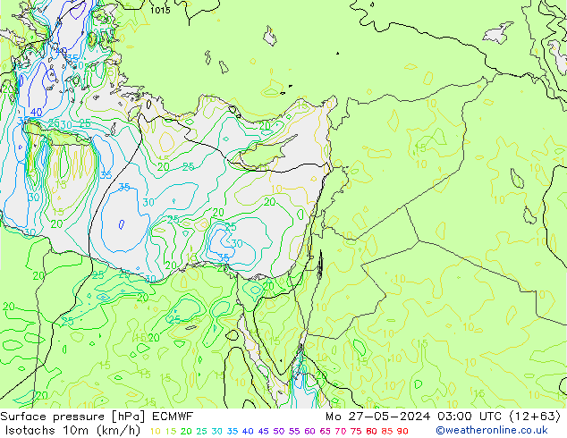 Isotachs (kph) ECMWF lun 27.05.2024 03 UTC