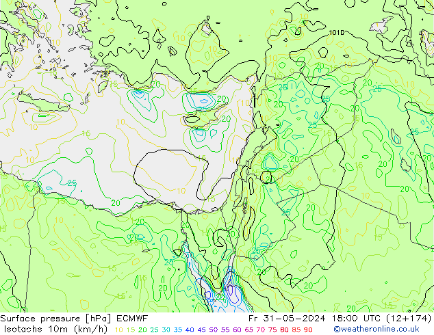 Isotaca (kph) ECMWF vie 31.05.2024 18 UTC