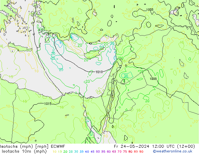 Isotachen (mph) ECMWF vr 24.05.2024 12 UTC