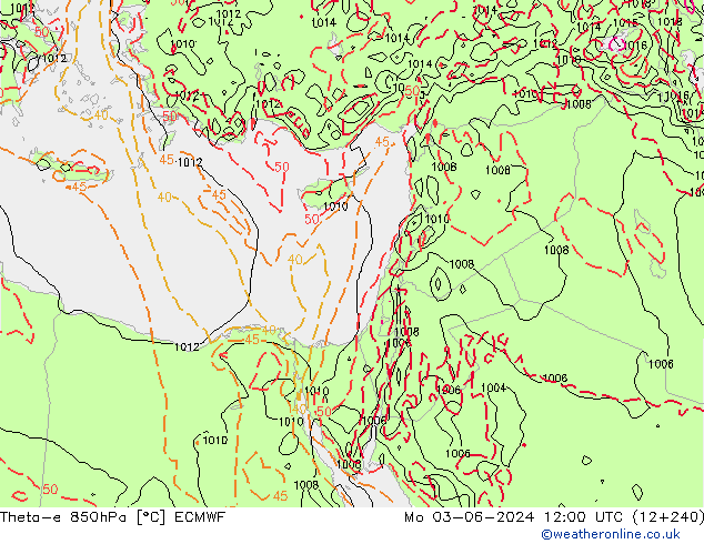 Theta-e 850hPa ECMWF pon. 03.06.2024 12 UTC