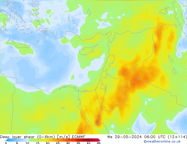 Deep layer shear (0-6km) ECMWF Çar 29.05.2024 06 UTC