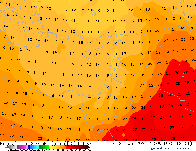 Hoogte/Temp. 850 hPa ECMWF vr 24.05.2024 18 UTC