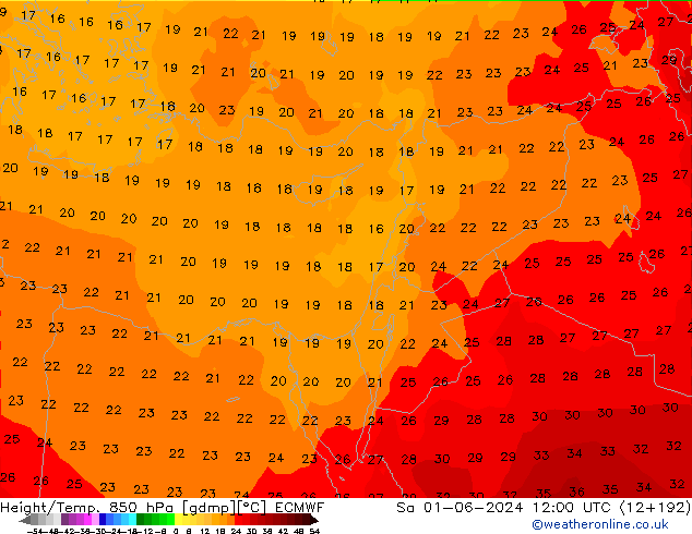 Height/Temp. 850 hPa ECMWF Sa 01.06.2024 12 UTC