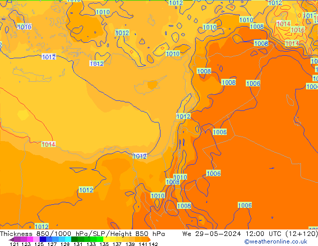 Dikte 850-1000 hPa ECMWF wo 29.05.2024 12 UTC