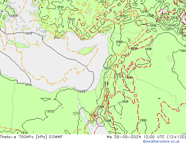 Theta-e 700hPa ECMWF mer 29.05.2024 12 UTC