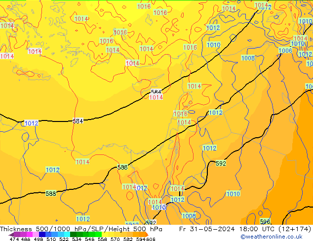 Espesor 500-1000 hPa ECMWF vie 31.05.2024 18 UTC