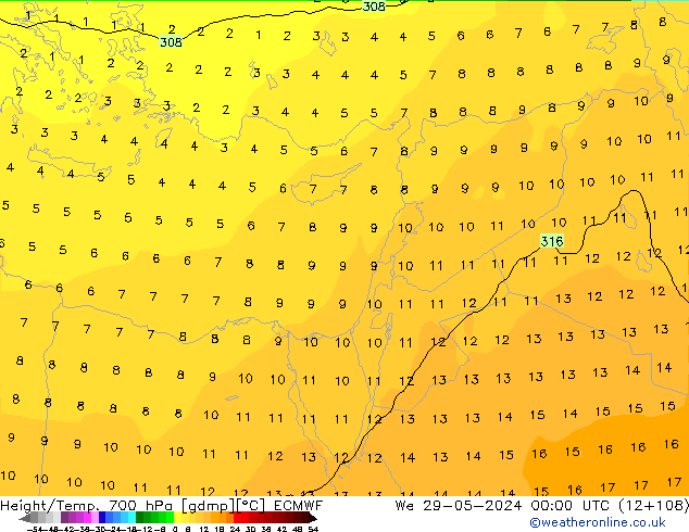 Height/Temp. 700 hPa ECMWF Qua 29.05.2024 00 UTC