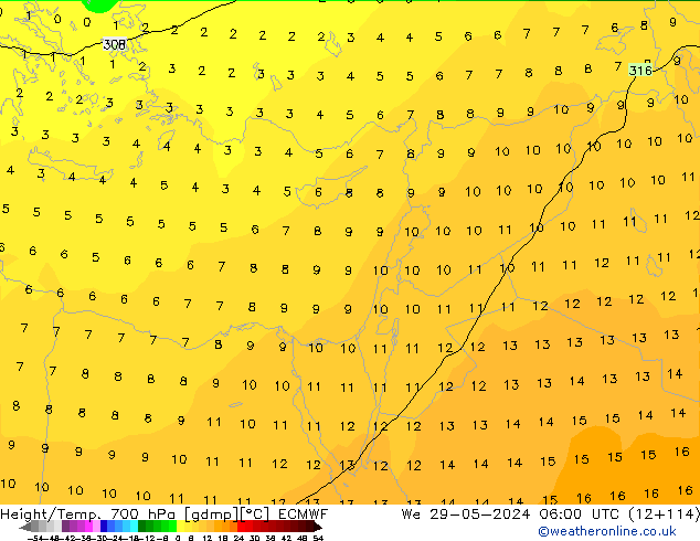 Height/Temp. 700 hPa ECMWF mer 29.05.2024 06 UTC