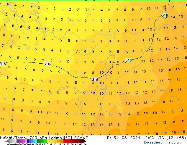 Yükseklik/Sıc. 700 hPa ECMWF Cu 31.05.2024 12 UTC