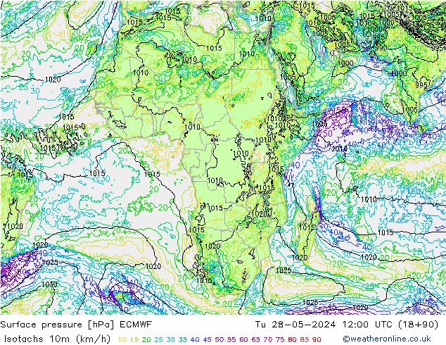 Isotachs (kph) ECMWF Ter 28.05.2024 12 UTC