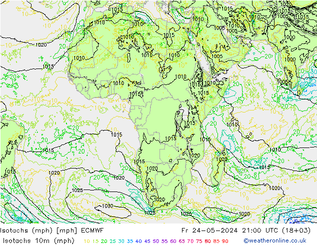 Isotachs (mph) ECMWF Fr 24.05.2024 21 UTC