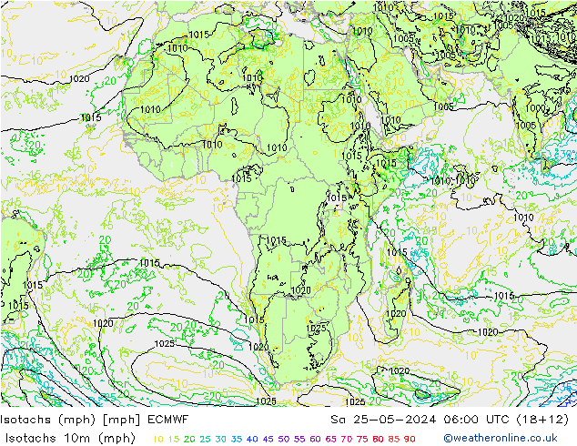 Isotachs (mph) ECMWF sam 25.05.2024 06 UTC