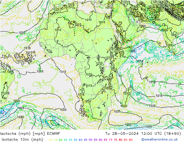 Isotachs (mph) ECMWF Tu 28.05.2024 12 UTC