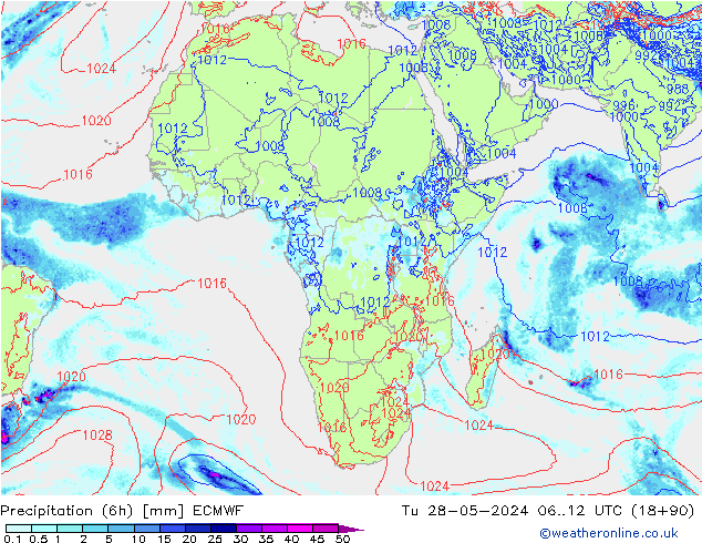 Precipitation (6h) ECMWF Tu 28.05.2024 12 UTC