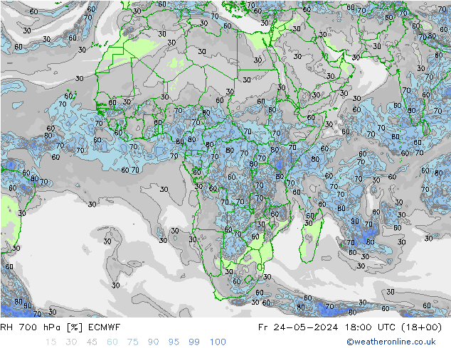 Humedad rel. 700hPa ECMWF vie 24.05.2024 18 UTC