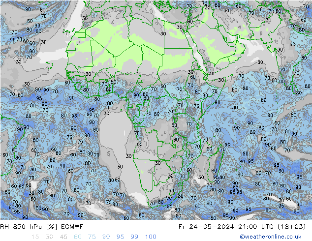 Humidité rel. 850 hPa ECMWF ven 24.05.2024 21 UTC