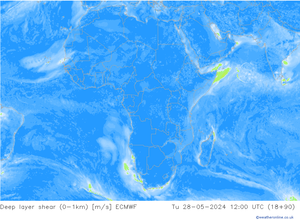 Deep layer shear (0-1km) ECMWF Ter 28.05.2024 12 UTC