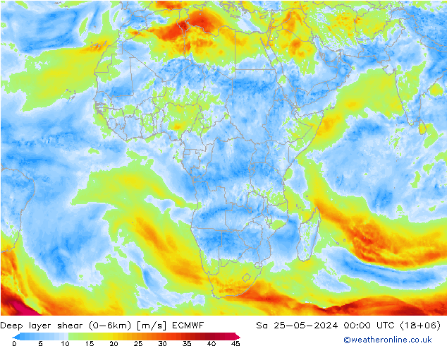 Deep layer shear (0-6km) ECMWF So 25.05.2024 00 UTC