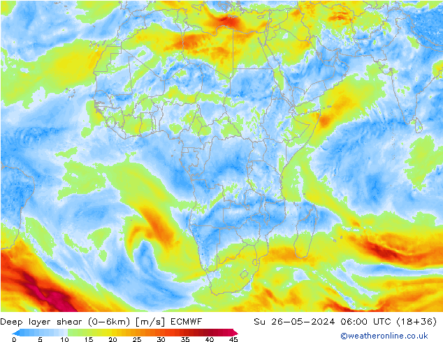 Deep layer shear (0-6km) ECMWF Paz 26.05.2024 06 UTC