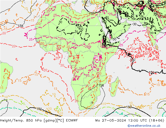 Height/Temp. 850 hPa ECMWF Mo 27.05.2024 12 UTC