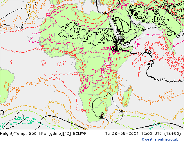 Yükseklik/Sıc. 850 hPa ECMWF Sa 28.05.2024 12 UTC