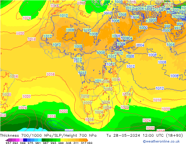 Thck 700-1000 hPa ECMWF Tu 28.05.2024 12 UTC