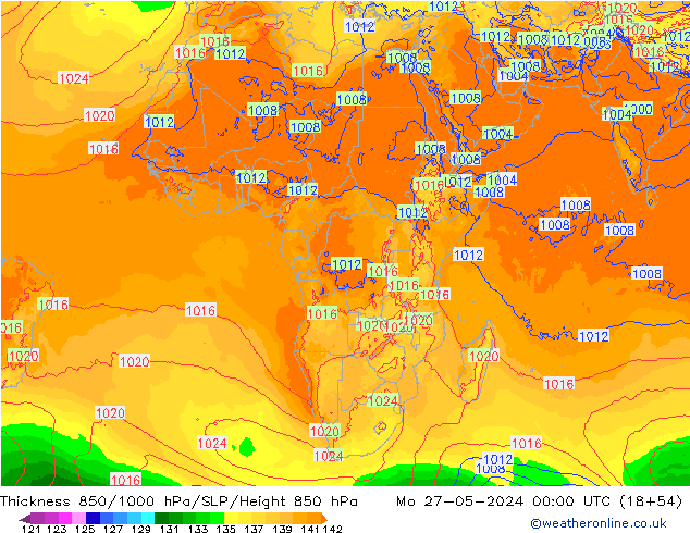 Thck 850-1000 hPa ECMWF lun 27.05.2024 00 UTC