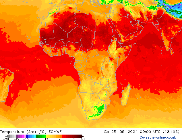 Temperature (2m) ECMWF Sa 25.05.2024 00 UTC