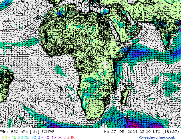 Vento 850 hPa ECMWF lun 27.05.2024 03 UTC