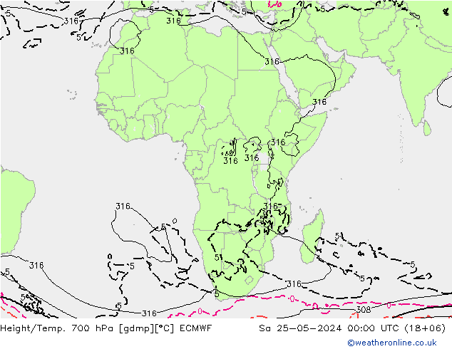 Geop./Temp. 700 hPa ECMWF sáb 25.05.2024 00 UTC