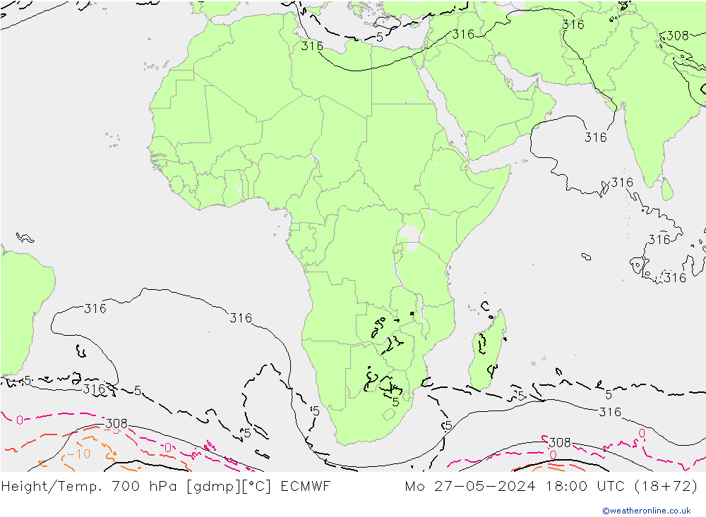 Height/Temp. 700 гПа ECMWF пн 27.05.2024 18 UTC