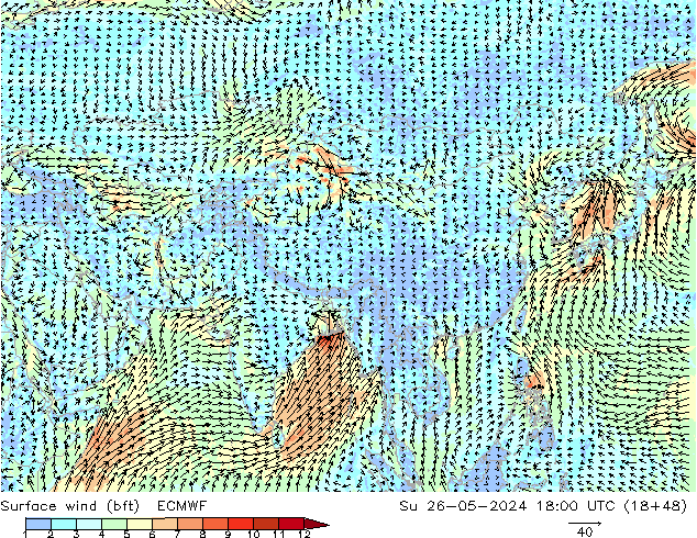 Vento 10 m (bft) ECMWF Dom 26.05.2024 18 UTC