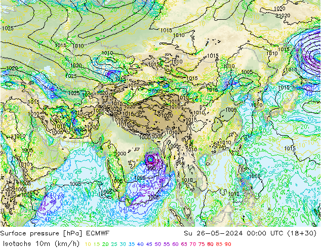 Isotachs (kph) ECMWF dom 26.05.2024 00 UTC