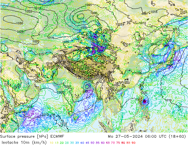 Isotachs (kph) ECMWF Po 27.05.2024 06 UTC