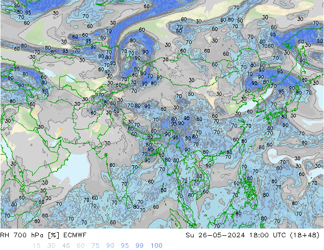 RH 700 гПа ECMWF Вс 26.05.2024 18 UTC