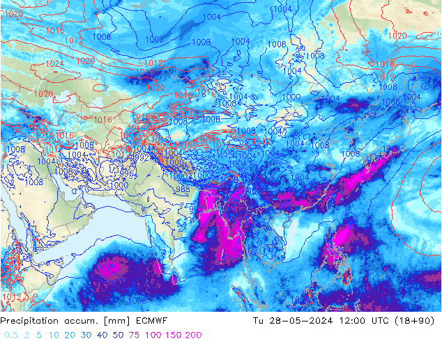 Precipitation accum. ECMWF mar 28.05.2024 12 UTC