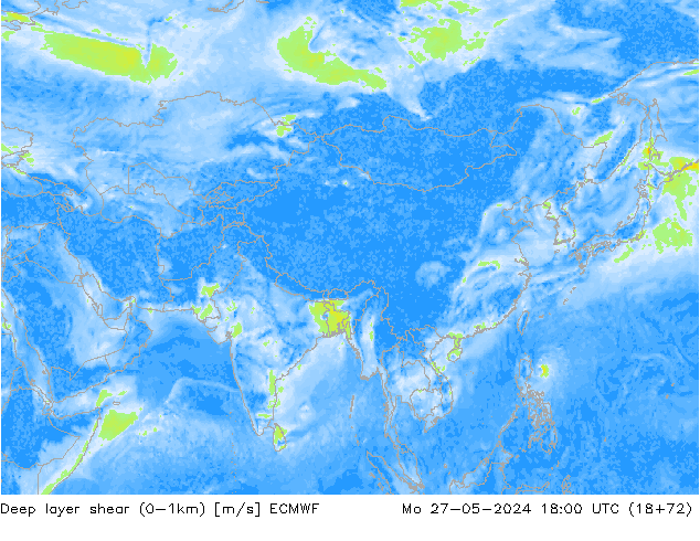 Deep layer shear (0-1km) ECMWF Mo 27.05.2024 18 UTC