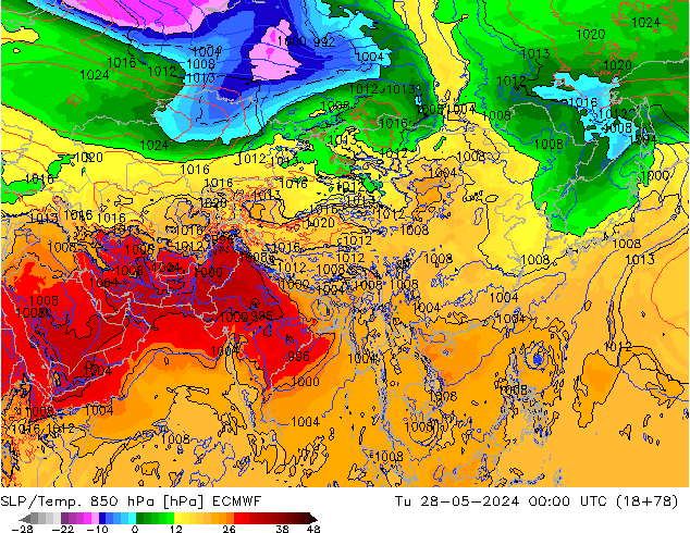 SLP/Temp. 850 hPa ECMWF Tu 28.05.2024 00 UTC