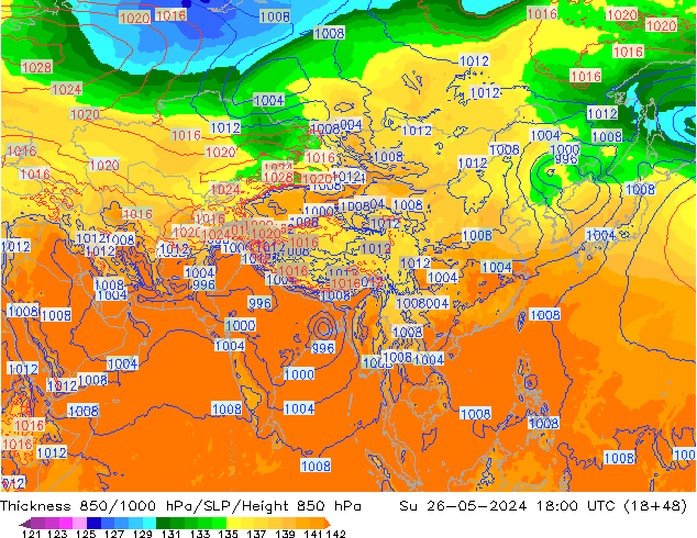 Thck 850-1000 гПа ECMWF Вс 26.05.2024 18 UTC